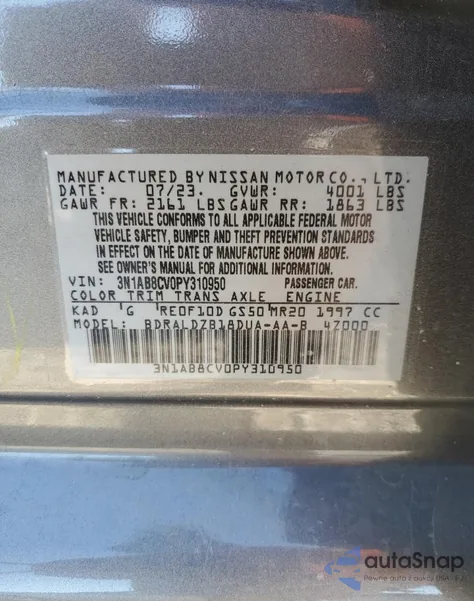 2023 Nissan Sentra Sv из США, поврежденный, VIN 3N1AB8CV0PY310950